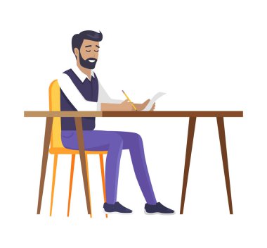 Tablo renkli kartıyla oturan mutlu sakallı adam