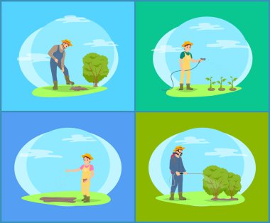 Arazi araçları çizgi film afiş üzerinde çiftçi