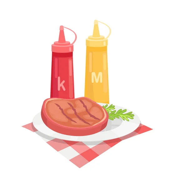 BBQ Rindfleisch auf Teller und Soßen Vektor Illustration — Stockvektor