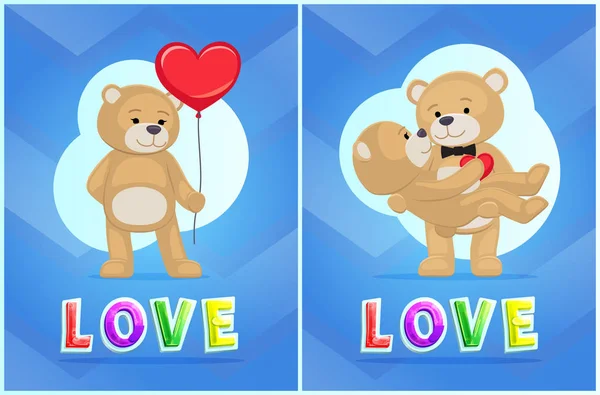 Ilustración de vectores de amor con tarjetas de color de oso de juguete — Vector de stock