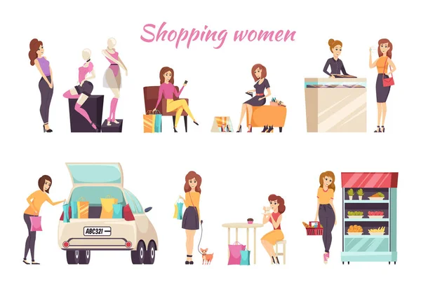 Shopping Femme Affiche Texte avec Dames Set Vector — Image vectorielle