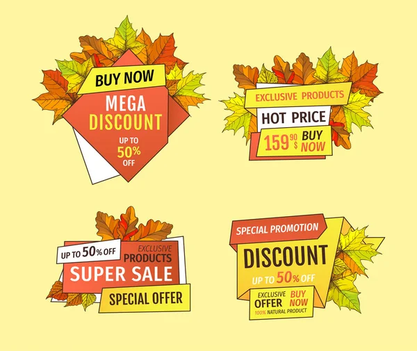 Etiquetas promocionales con hojas de arce, follaje de roble — Vector de stock