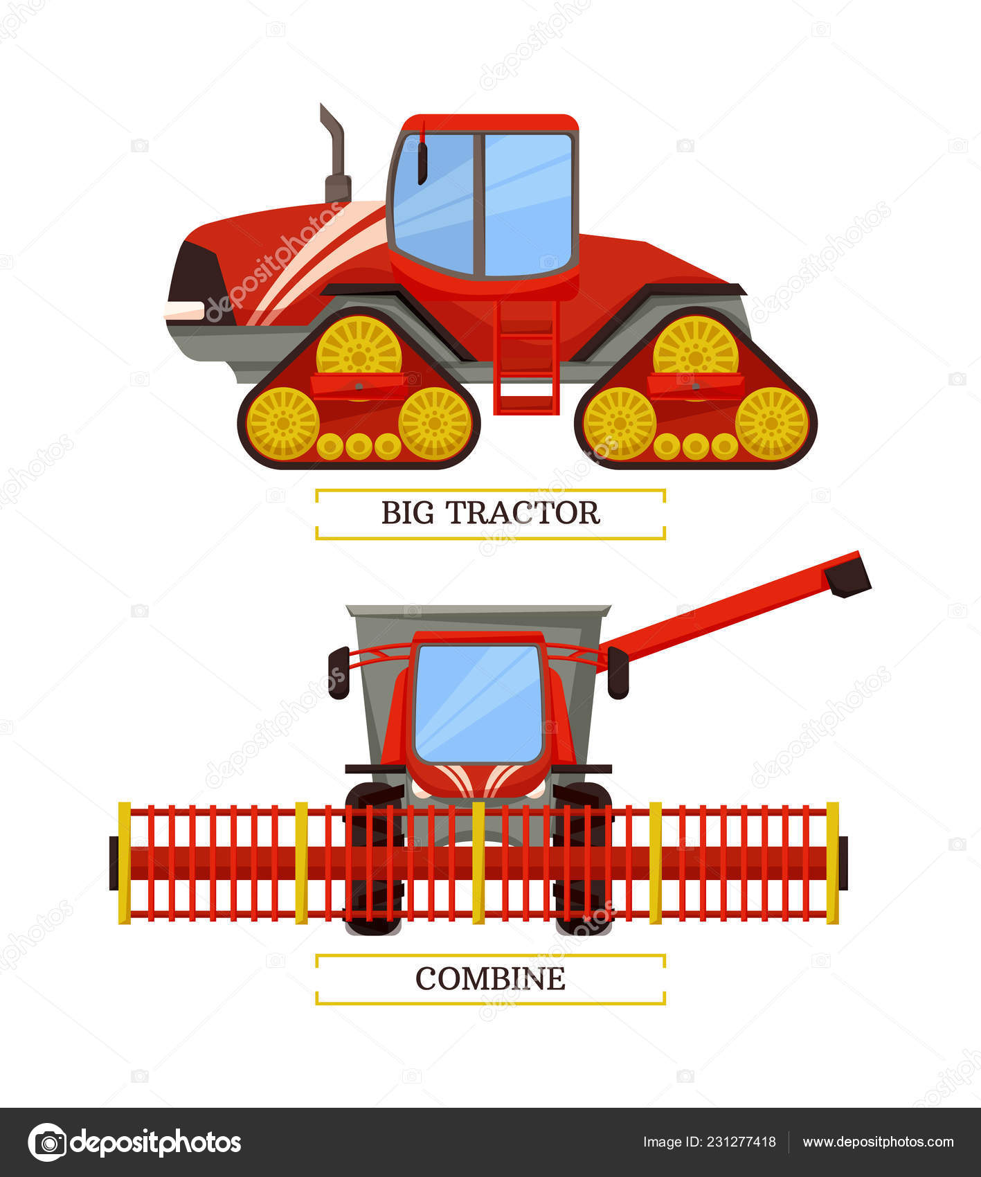 Conjunto de desenhos com trator agrícola de diferentes pontos de vista