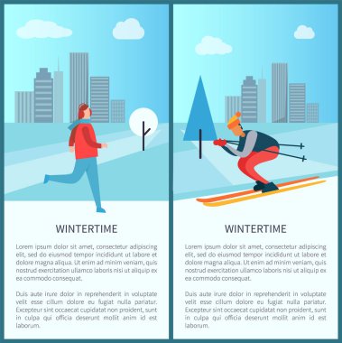 Kışın şehir ve insanlar vektör çizim ayarla