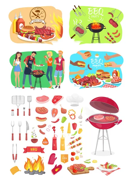 BBQ Grill Party Zeit Plakate Vektor Illustration — Stockvektor