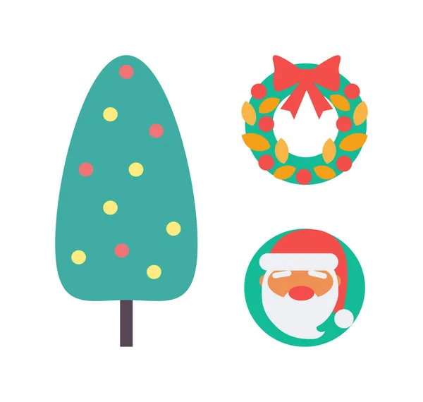 Ensemble arbre de Noël et couronne de décoration vectoriel — Image vectorielle