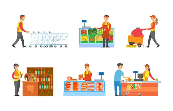 Departamentos de supermercados y vendedores Set Vector — Archivo Imágenes Vectoriales