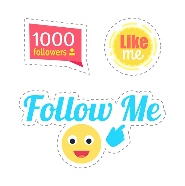 Follow Me Smiley and Like Stickers Set Vector — Stock Vector