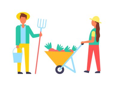 Ekipman vektör simgesi olan çiftlikte çalışan insanlar