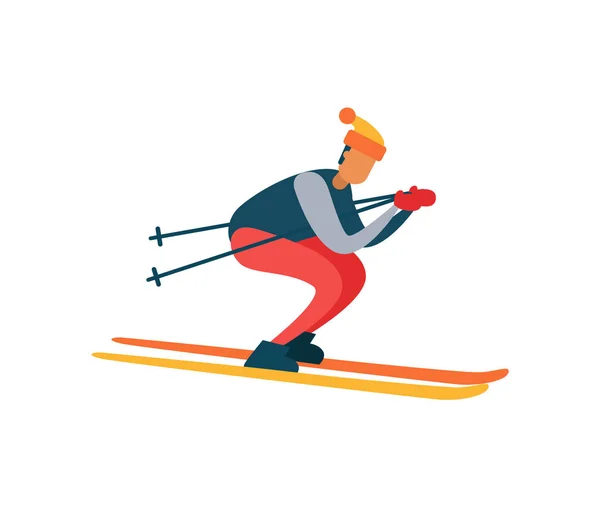 Experienced Skier on Fast Skis Moving Downhill — Stock Vector