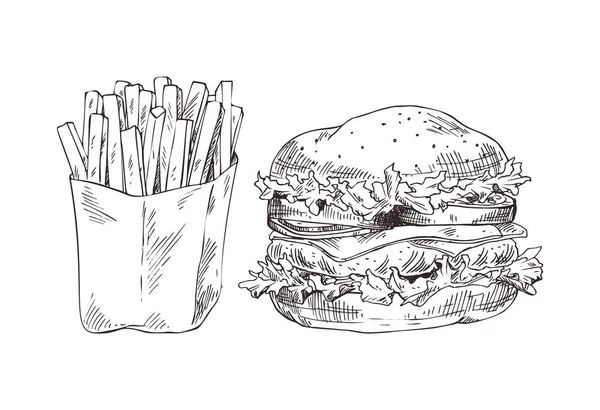 French Fries and Hamburger Vector Illustration — Stock Vector