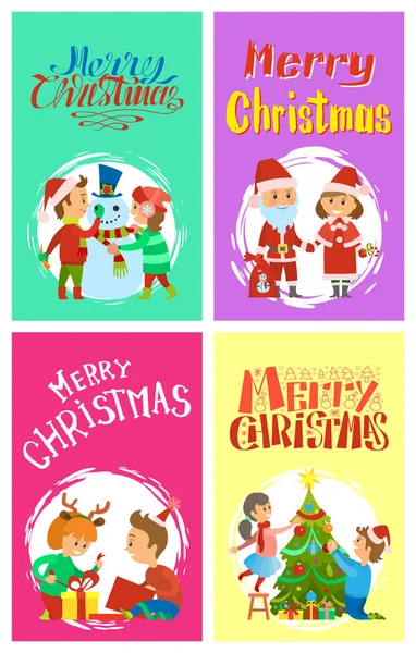 Merry Christmas Holidays Children Building Snowman — Stock Vector