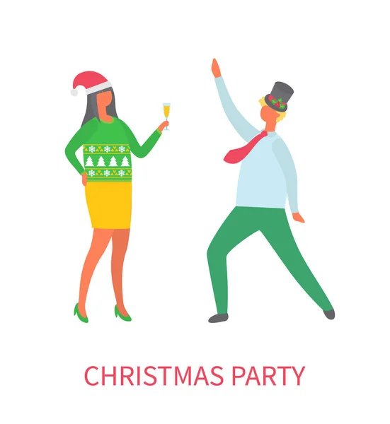 Christmas Party Couple of Man and Woman Dancing — Stock Vector