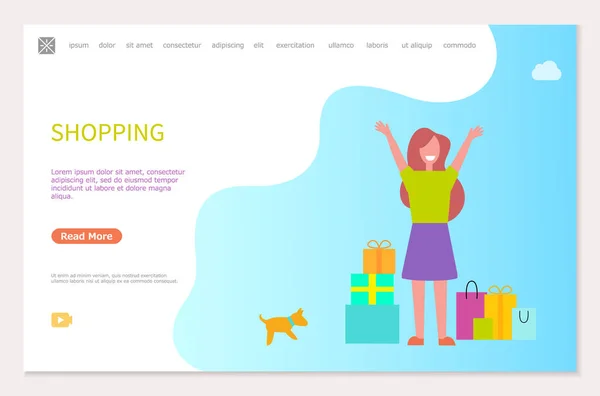Shopping webbsida mall, lycklig kvinna, paket — Stock vektor