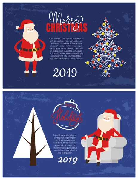 Navidad y Año Nuevo 2019 Postales, Árbol de Navidad — Vector de stock