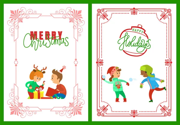 Merry Christmas and Happy Holidays Children Set — Stock Vector