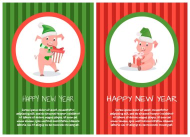 Mutlu yeni yıl kartpostal, domuz yavruları Xmas sembolü, metin