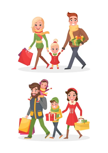 Compras de Navidad Familia feliz Día de compra Vector — Archivo Imágenes Vectoriales