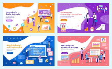 Promotion of networks, algorithmization and programming vector. Assistance in concluding transactions, people using codes to create websites online clipart svg vector 