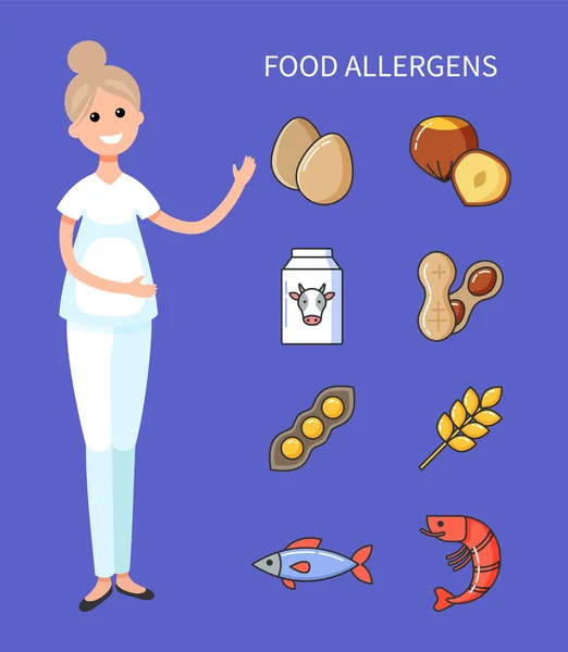 Аллергены продуктов питания, врач показывает органические продукты — стоковый вектор