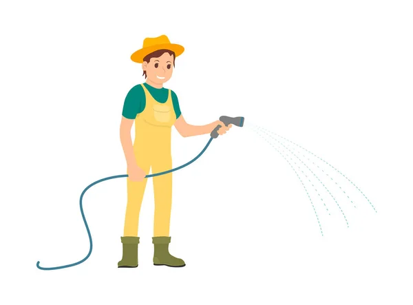 Agriculteur avec équipement travaillant sur l'icône de bande dessinée de la ferme — Image vectorielle