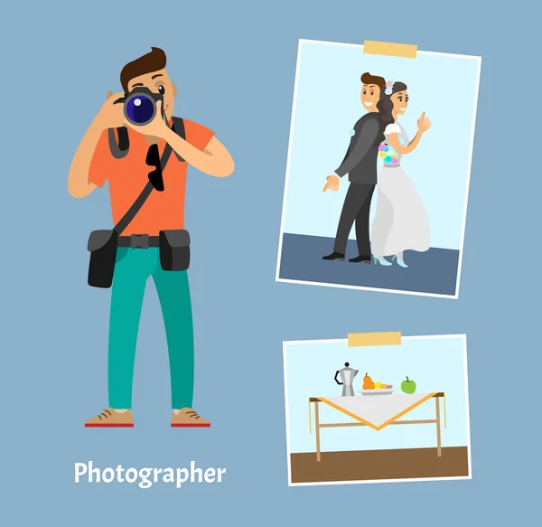 Photographer with Digital Camera and Photographs — Stock Vector