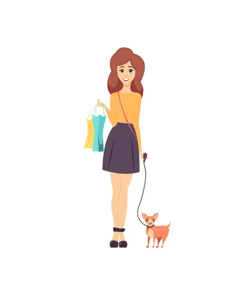 Camminare shopaholic femminile con il vettore del cane domestico — Vettoriale Stock