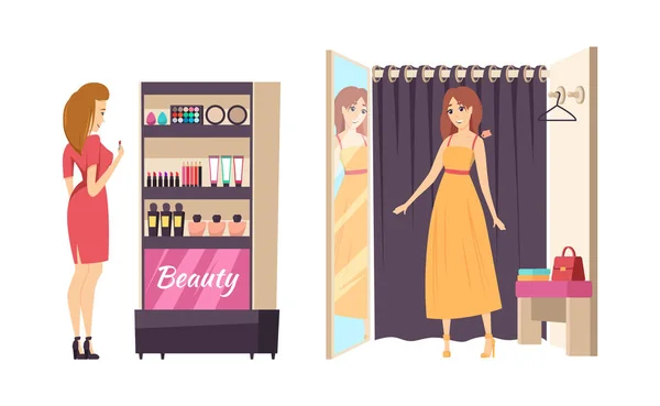 Shopping Beauty Make-up Stand isoliert Set Vektor — Stockvektor