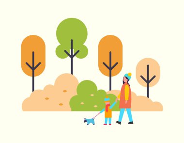 Çocuk ve Sevimli evcil köpek açık havada yürüyen kadın