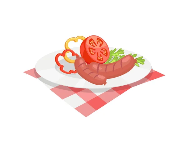 BBQ Set, Sausage for Barbecue on Plate Vector Icon — Stock Vector