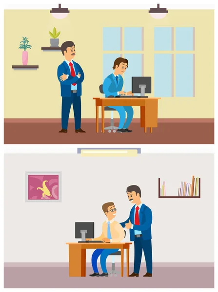 Jefe Supervisando Nuevo Trabajador por Ordenador Portátil, Trabajo de Oficina — Vector de stock