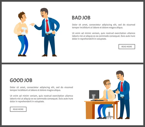 Cartel vectorial de trabajo malo y bueno, jefe insatisfecho — Vector de stock