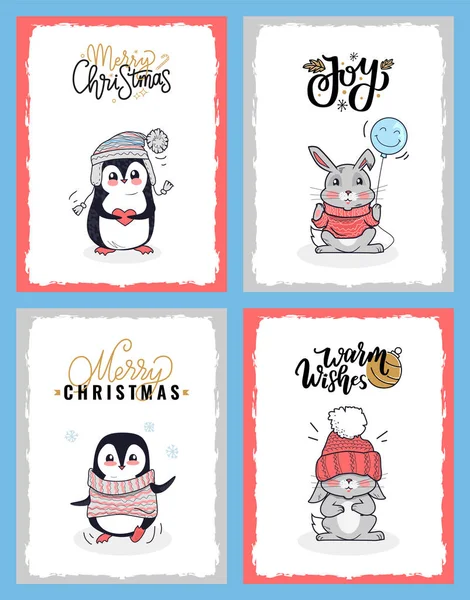 Animales de dibujos animados en paño caliente, tarjetas de Navidad — Vector de stock