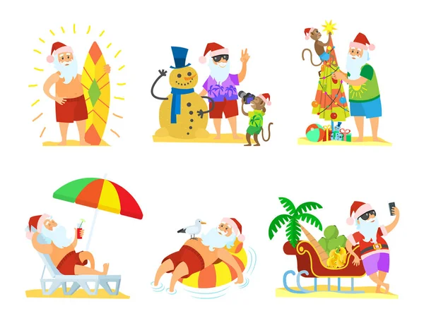 Noel Baba rahatlatıcı, Noel'de Beach vektör — Stok Vektör