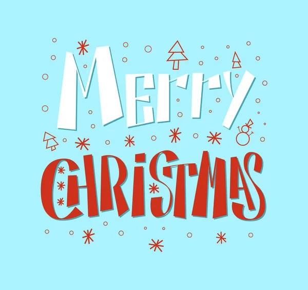 メリー クリスマス赤白のレタリング テキストは青に分離 新年の休日のお祝いのベクトルします 雪の結晶とモミの木のアイコン ライン アートで碑文 — ストックベクタ