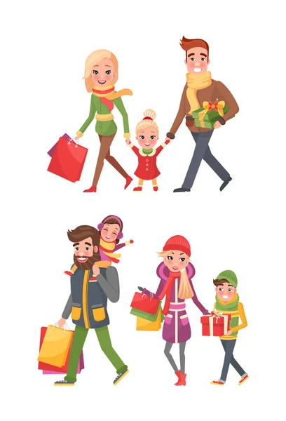 Couple, Sacs enfants pleins de cadeaux, Noël — Image vectorielle