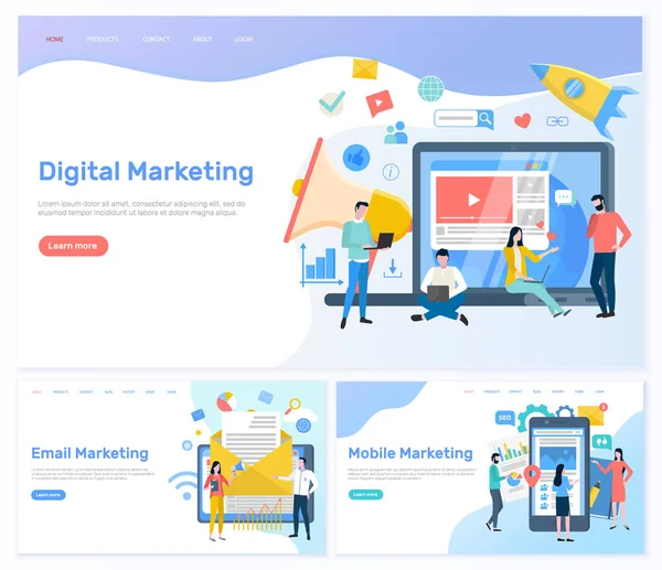 Digital y Email, Gente Trabajadora de Marketing Móvil — Vector de stock