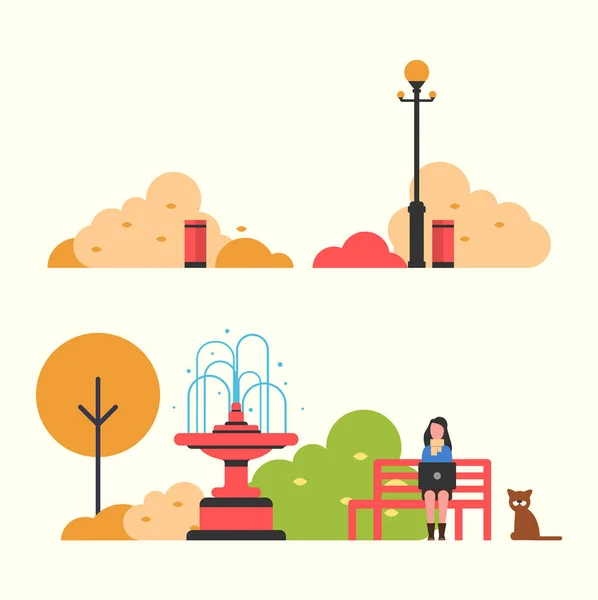 Herfst uitzicht op Park met fontein en lantaarn Vector — Stockvector