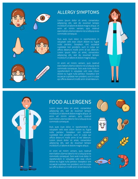 Alergia Síntomas y alérgenos alimentarios Carteles vectoriales — Archivo Imágenes Vectoriales