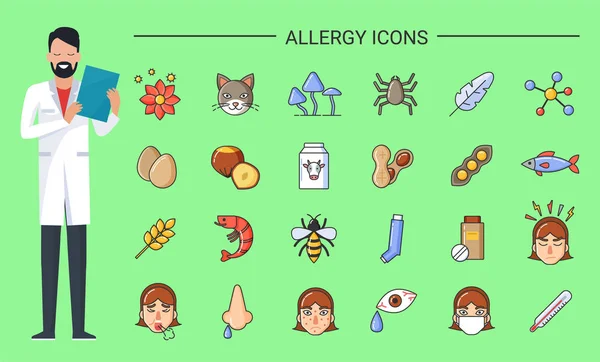 Allergi ikoner läkare recept i händer — Stock vektor