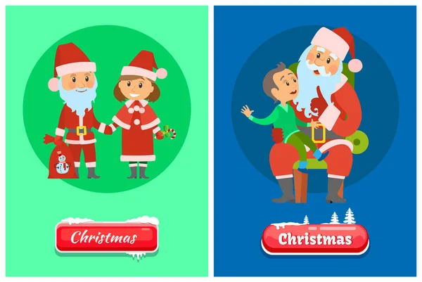 Christmas Winter Holidays, Santa Claus and Kid — Stock Vector