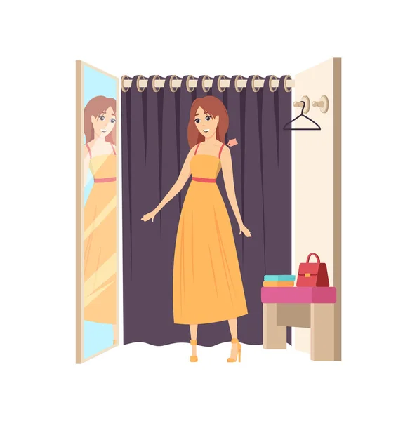 Cliente mujer en vestuario Vector de compras — Vector de stock