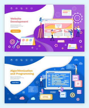 Website development, algorithmization and programming vector. Screen of laptop with information, coders with html, css and java script. Coders set clipart svg vector 