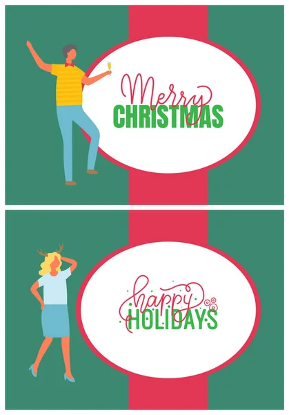 Merry Christmas Card, Man and Woman, Frame People — Stock Vector