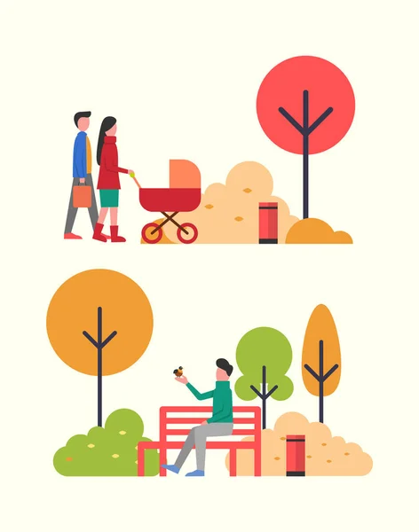 Άνθρωποι με τα πόδια στο πάρκο το φθινόπωρο, οικογένεια με παιδικό καροτσάκι — Διανυσματικό Αρχείο