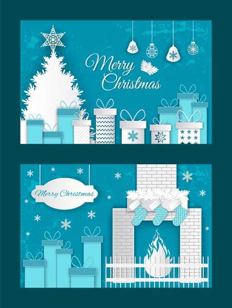 Feliz Natal Origami Cartão postal, Fogo e presentes — Vetor de Stock