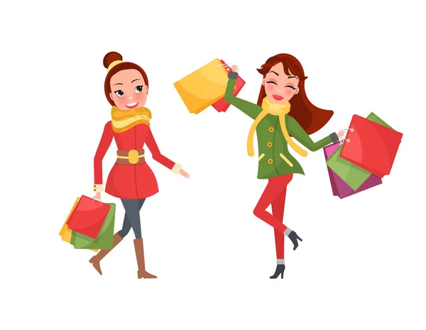 Compras de Natal Happy Two Women Day Vector — Vetor de Stock