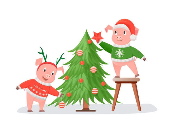 Cerdos en jerséis de punto decorando el árbol de Navidad — Archivo Imágenes Vectoriales