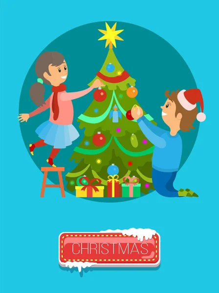 Buon Natale, Ragazzo Ragazza decorare albero di Capodanno — Vettoriale Stock