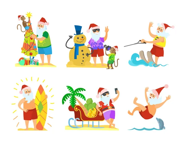 Père Noël et singe décoration parapluie bonhomme de neige — Image vectorielle